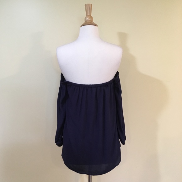 White Floral Embroidered Off Shoulder Navy Blouse - Picture 5 of 7